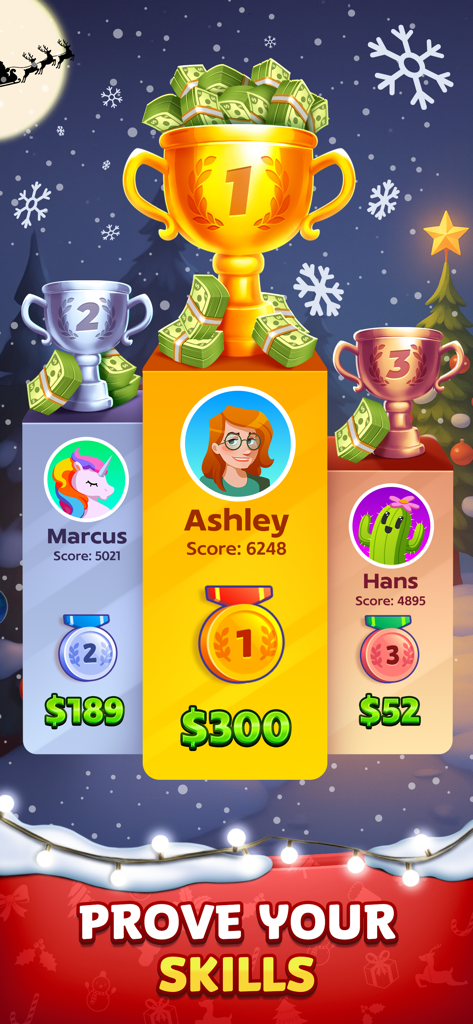 Solitaire Smash tournament leaderboard showing three winners with their scores and cash prizes on a festive winter background