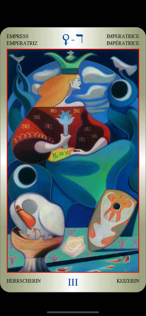The Empress tarot card from the Liber T app featuring multi-language titles and Thoth-inspired occult artwork