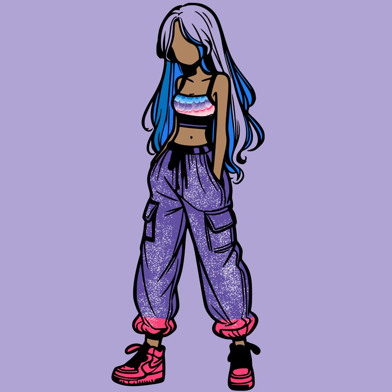 girl in baggy pants crop top and long hair