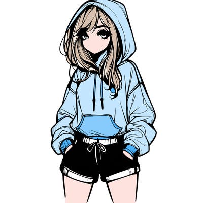 realistic girl in shorts and hoodie