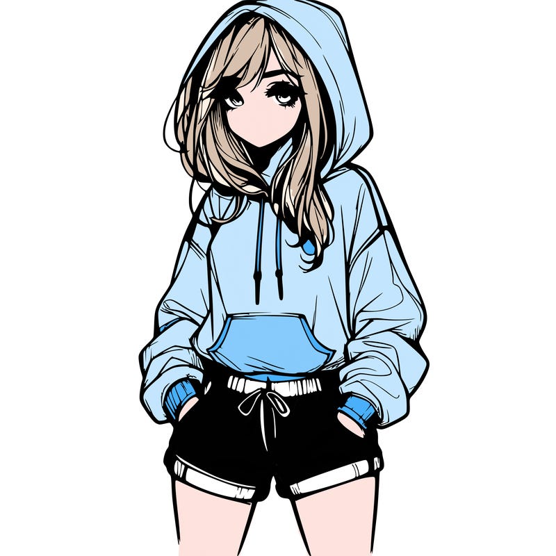 realistic girl in shorts and hoodie