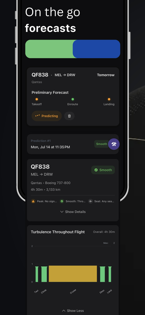 MyPilot: Turbulence Forecast - Interfaz de la aplicación móvil que muestra predicciones de turbulencias en tiempo real y detalles preliminares del vuelo.