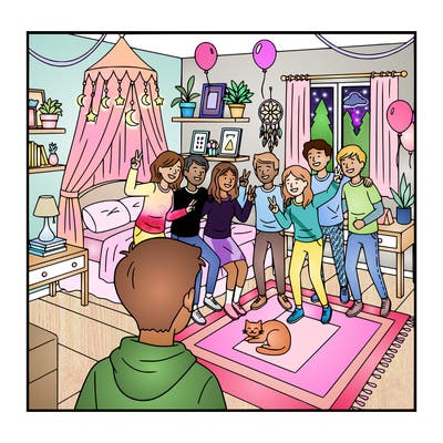 group of teenagers posing for a picture at a birthday party.  background is a boho teenage bedroom