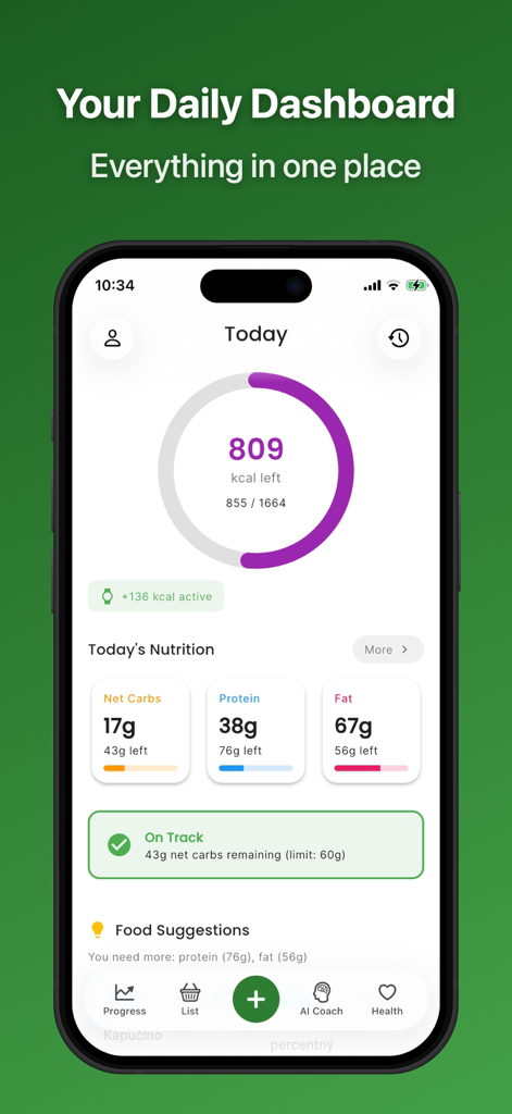 AI Food Coach: Calorie Counter - AI Food Coach daily dashboard showing calorie progress and keto macro tracking