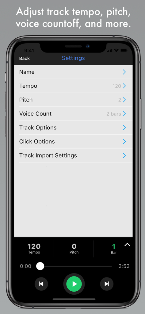 ShowOne - Pro Backing Tracks - ShowOne app interface displaying track settings for adjusting tempo and pitch