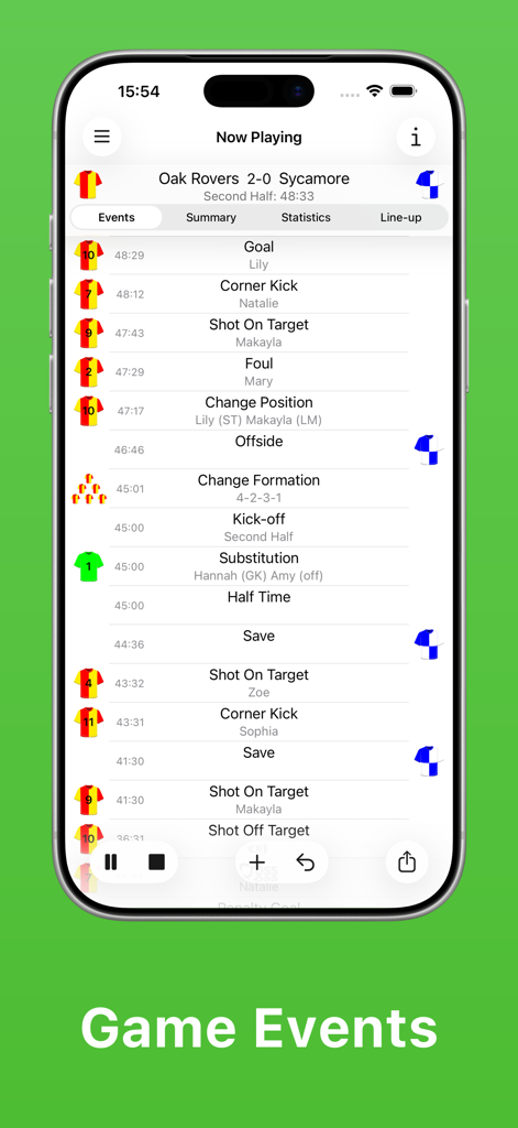 Soccer Teammate - A smartphone screen displaying a chronological list of live soccer game events within the Soccer Teammate app