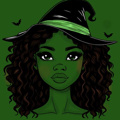 realistic black girl with wavy hair and witch hat and nose and lips