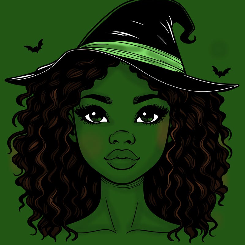 realistic black girl with wavy hair and witch hat and nose and lips