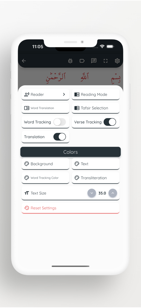 Read & Listen Qur'an - A settings menu in the Read and Listen Quran app showing customization options for reading modes translations and UI colors