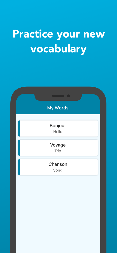 Polyglot - Master Languages - Pantalla de la aplicación Polyglot mostrando práctica de vocabulario para palabras en francés con traducciones al inglés
