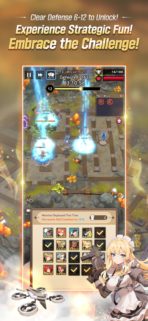 Summoners War: Rush - Strategic tower defense gameplay in Summoners War Rush showing monster deployment and active combat effects