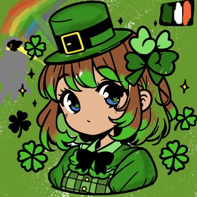 a manga-style girl with clovers around her, a little hat in her hair, like it's saint patrick's day