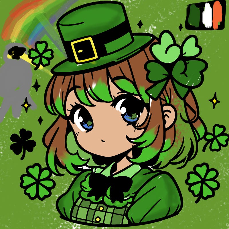 a manga-style girl with clovers around her, a little hat in her hair, like it's saint patrick's day