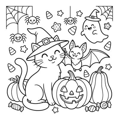 Get ready for a treat with this delightful Halloween animals coloring page, specially designed for toddlers. Featuring an adorable witch cat, friendly bat, and playful ghost, it's perfect for little hands to explore spooky season colors.