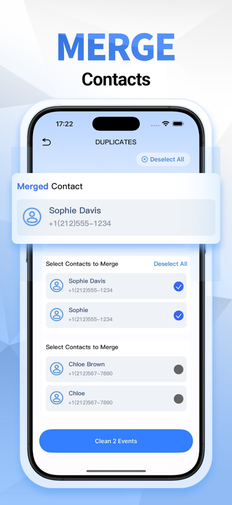 Super Cleaner: AI Cleaner - Pantalla del teléfono de la aplicación Super Cleaner que muestra la función de fusión de contactos con nombres de contactos duplicados y números de teléfono seleccionados para la fusión.
