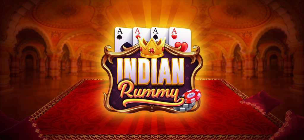Indian Rummy game title with aces and crown in a palace hall