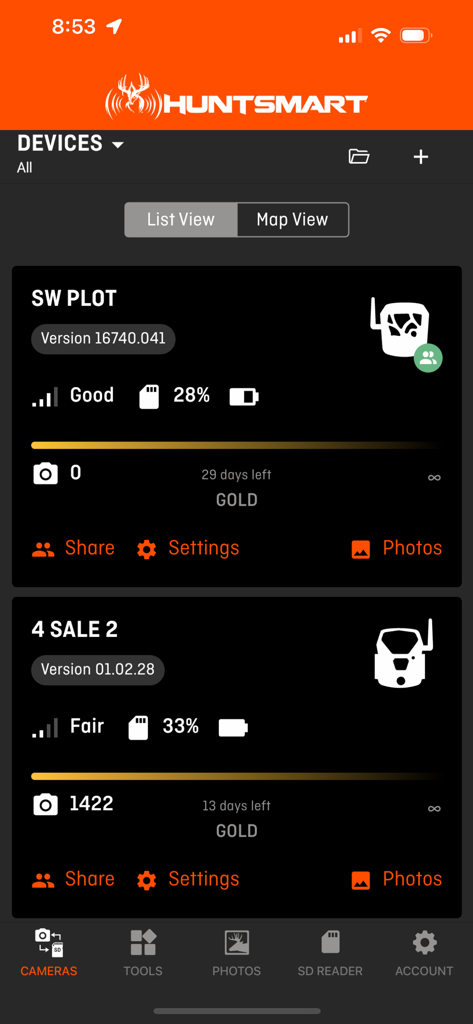 HuntSmart: Trail Cam App - HuntSmart app screen showing a list of connected trail cameras with battery life signal strength and storage status