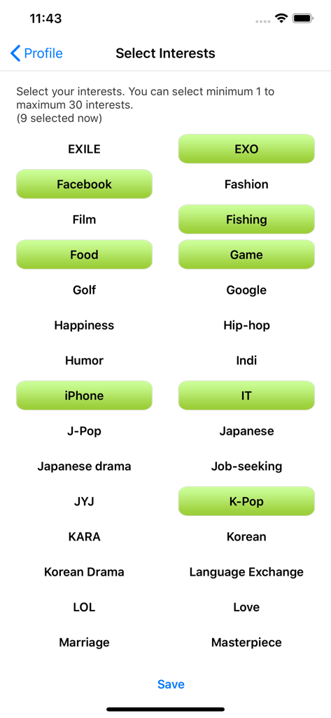Fav Talk -Same hobby Chatting - Interest selection screen in the Fav Talk app featuring hobbies like K-Pop and gaming