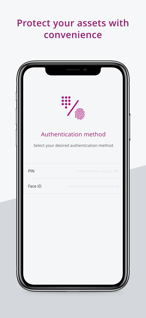 Selection screen for EquateAccess authentication methods including PIN and Face ID