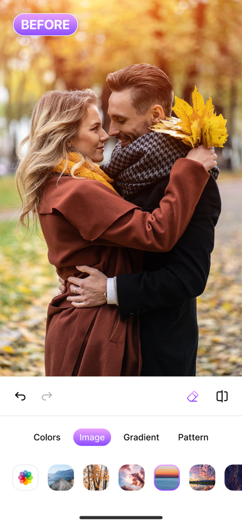 Mobile app interface of Magic Eraser showing background replacement options for an autumn couple photo