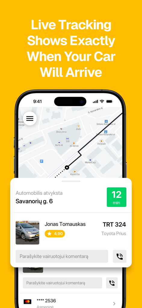 Etransport - Taxi and more - Etransport taxi app interface showing live car tracking on a map with driver details and estimated arrival time.