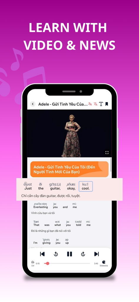 Dot Speak: Your English Coach - Interface do aplicativo móvel Dot Speak para aprender inglês com legendas de vídeo e guias fonéticos