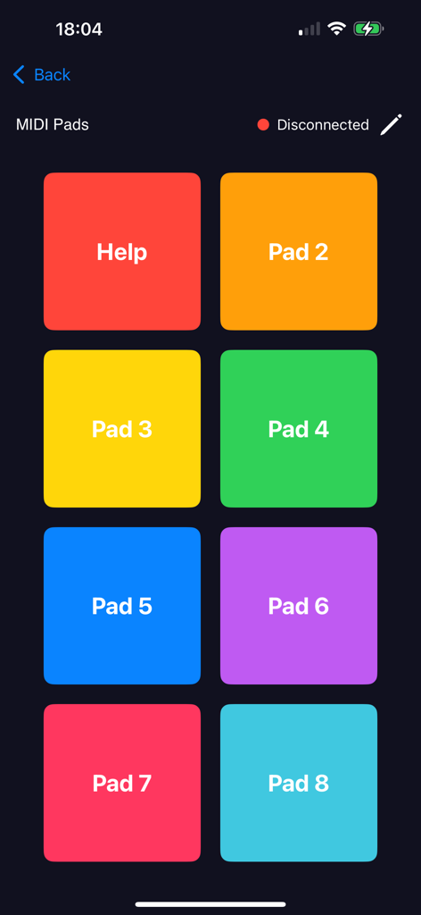 TECH ToolBox - A screen displaying eight large colorful MIDI pads labeled help and pad two through eight on a dark interface