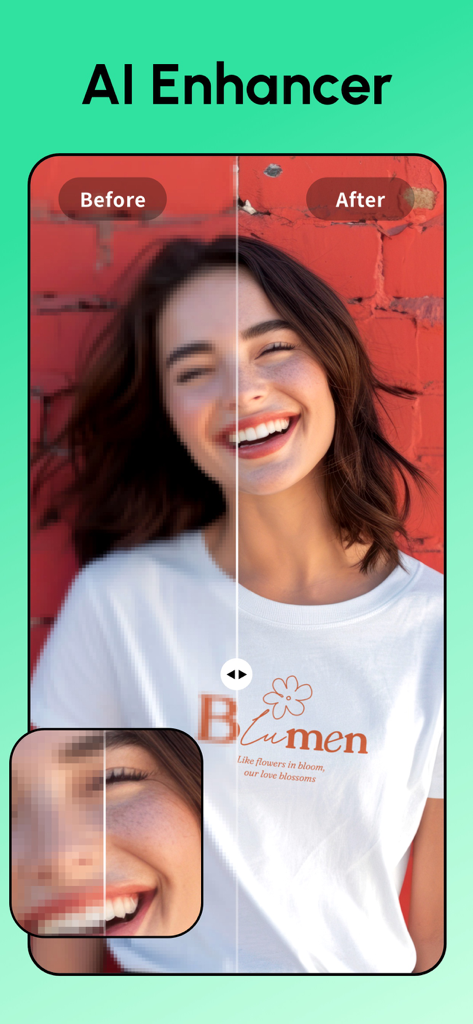 Remove Objects: Pic Retouch AI - Side by side comparison of a blurry portrait before and after being sharpened with AI Enhancer