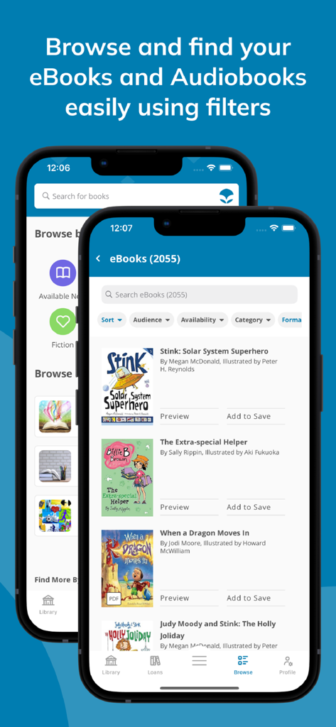 Mobile Ansicht zeigt die ePlatform App-Oberfläche mit verschiedenen Kinder-E-Book-Titeln und Suchfiltern zum Stöbern in digitalen Sammlungen