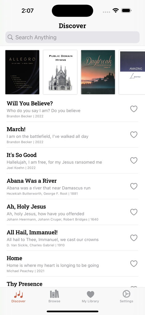 Stanza Music - The Discover screen of the Stanza Music app showing a searchable list of shaped note gospel hymns and songbook covers.