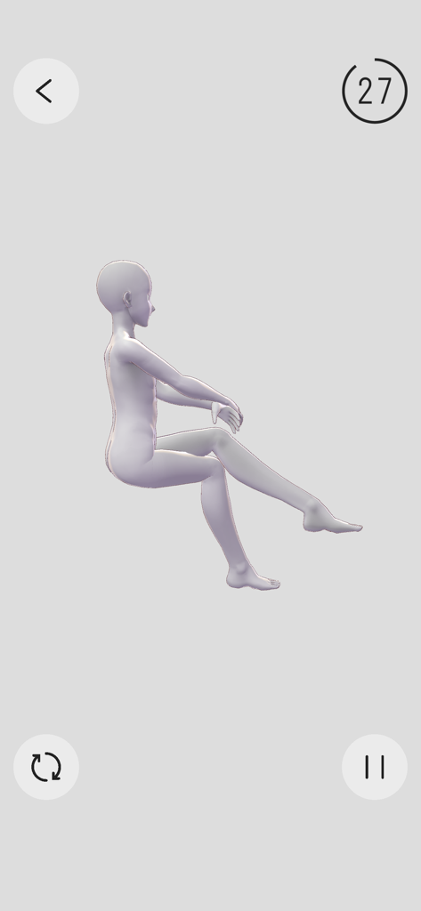 Maniquí 3D en una pose sentada para practicar rápidamente el dibujo de gestos con un temporizador de cuenta regresiva