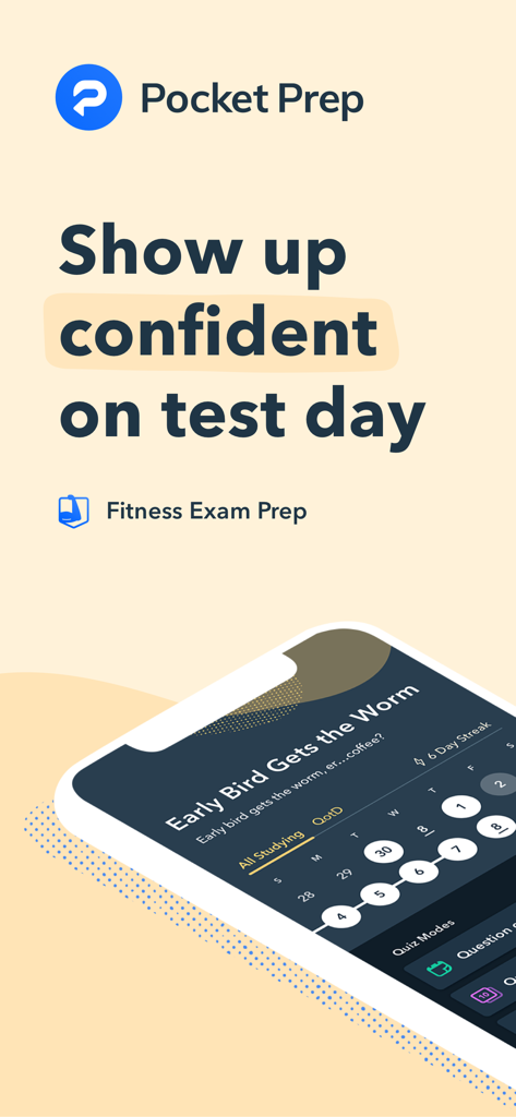 Pocket Prep Fitness app showing study streak and exam preparation message