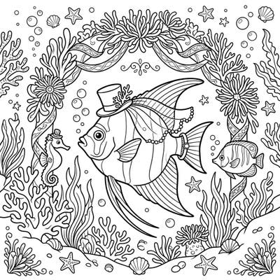 Immerse yourself in a charming underwater celebration with this Marine Angelfish wedding coloring page. Featuring an elegantly dressed angelfish and a delightful marine ceremony, it's perfect for ocean enthusiasts and romantic souls.