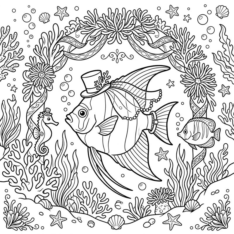 Immerse yourself in a charming underwater celebration with this Marine Angelfish wedding coloring page. Featuring an elegantly dressed angelfish and a delightful marine ceremony, it's perfect for ocean enthusiasts and romantic souls.