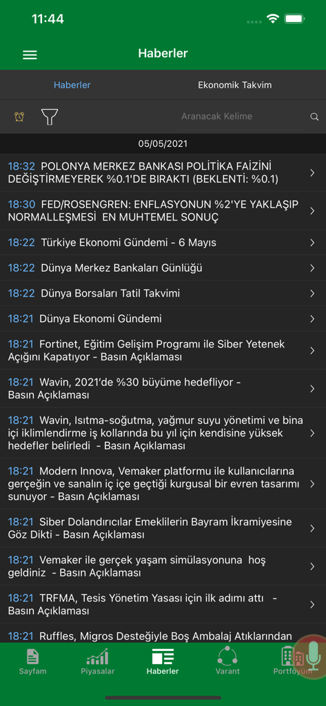 Echtzeit-Nachrichtenfeed für Finanznachrichten in der Seker Borsa Mobile App