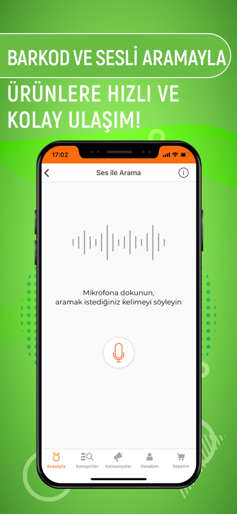 Ozdilekteyim mobile app interface for voice search feature showing a microphone button and sound waves