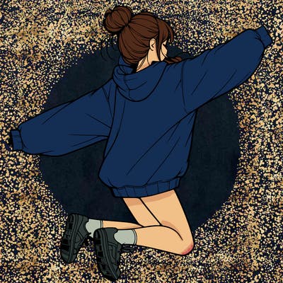 realistic girl jumping with a bun and oversized sweatshirt