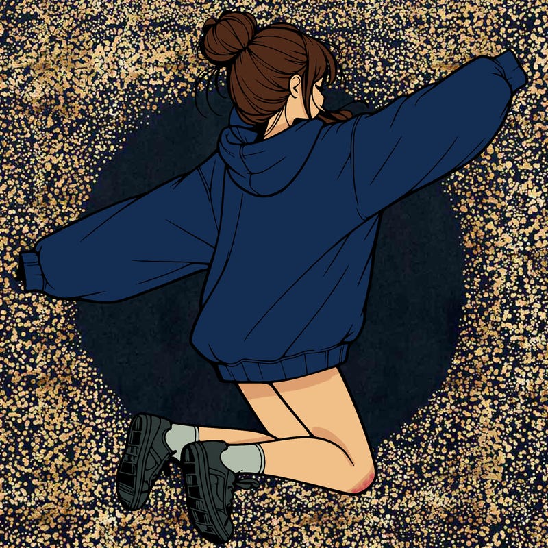 realistic girl jumping with a bun and oversized sweatshirt