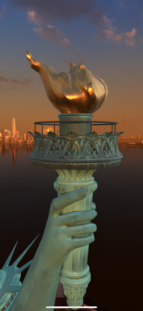Statue of Liberty - Augmented reality view of the Statue of Liberty torch and New York City skyline at sunset