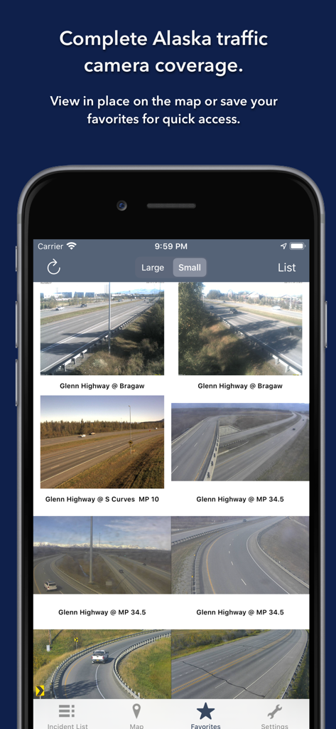 Alaska State Roads - Alaska State Roads app displaying live traffic camera feeds for Glenn Highway.