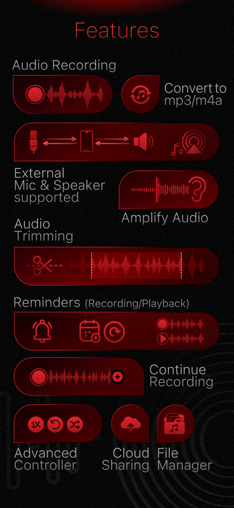 A visual list of professional features for the Audio Recorder and Voice Editor app including trimming and cloud sharing