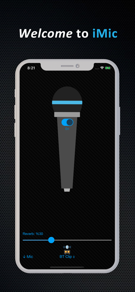 Main interface of iMic app showing a microphone and Bluetooth speaker connection status