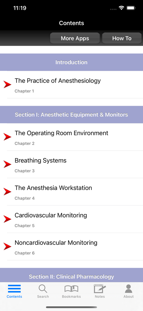 Clinical Anesthesiology, 7/E - Table of contents screen showing chapters and sections on anesthetic equipment and monitoring within the Clinical Anesthesiology app.