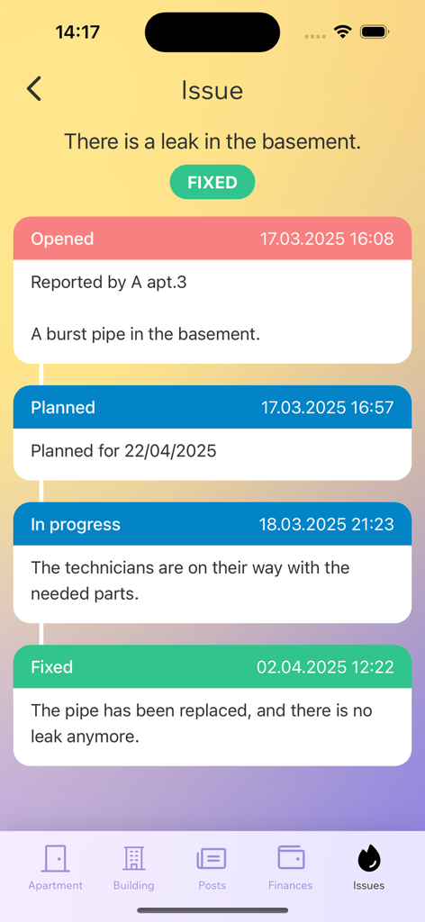 LIVO by Angry Building - A mobile screen from the LIVO app showing a timeline for a building maintenance issue from report to completion.