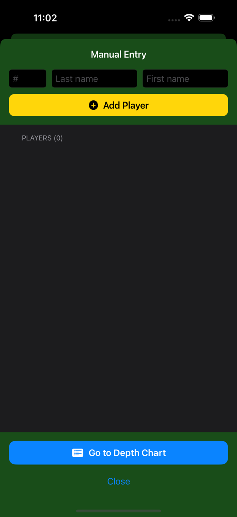 The Depth Chart King - Interface for manually adding players to a baseball roster by name and jersey number.