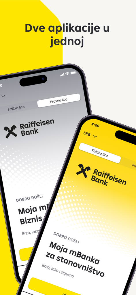 Moja mBanka Raiffeisen - Two phones displaying the Moja mBanka Raiffeisen app for personal and business users.