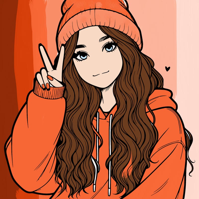 a teenage girl in a beanie, oversized sweatshirt, wavy long hair, and is showing a ✌️