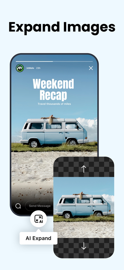 Schermata mobile che mostra la funzione AI Expand di inMelo che estende una foto di una spiaggia per riempire un formato storia a schermo intero.