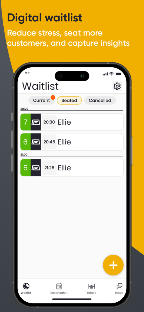 Oberfläche der Carbonara App, die eine digitale Warteliste mit Gästenamen und Ankunftszeiten für das Restaurantmanagement anzeigt.