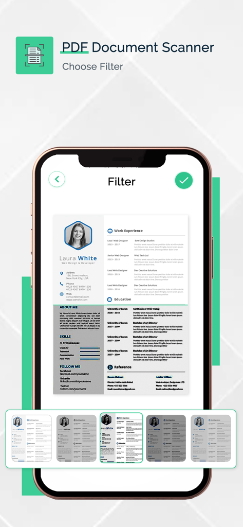PDF Document Scanner Editor - Interface mostrando opções de filtro para um documento digitalizado no aplicativo PDF Document Scanner.